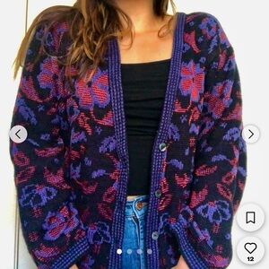 Evan Picone Purple and Red Cardigan with Retro Flair
